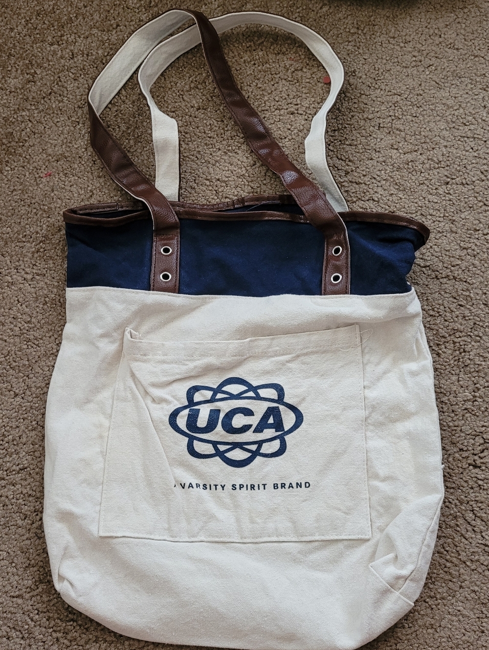 UCA Canvas Tote Bag in Navy and Cream with Brown Straps